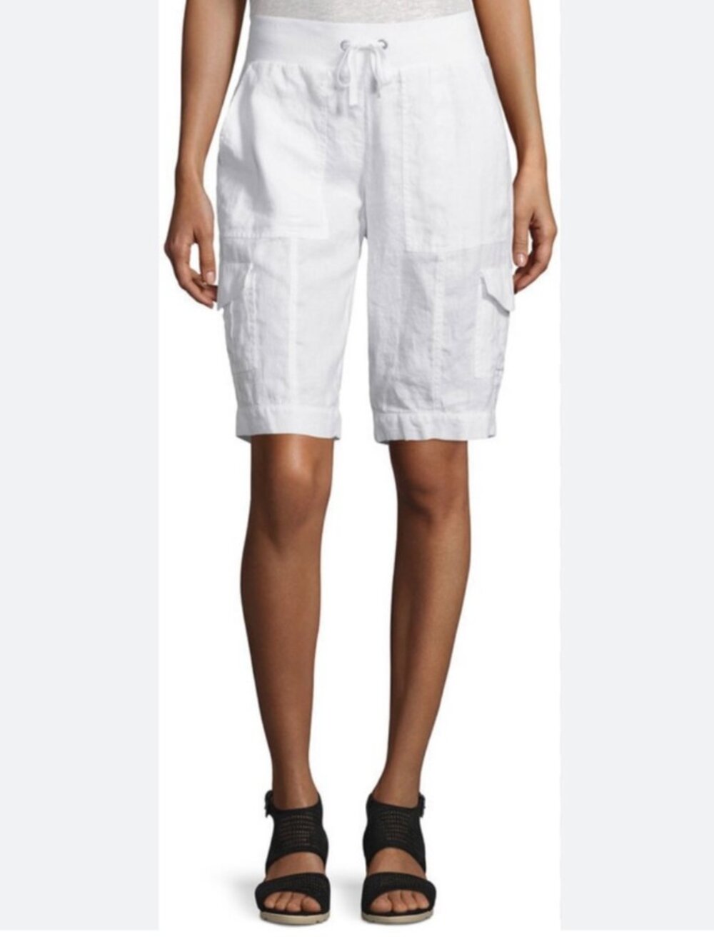 EILEEN FISHER | Organic Linen Drawstring Cargo Shorts | White | Size L